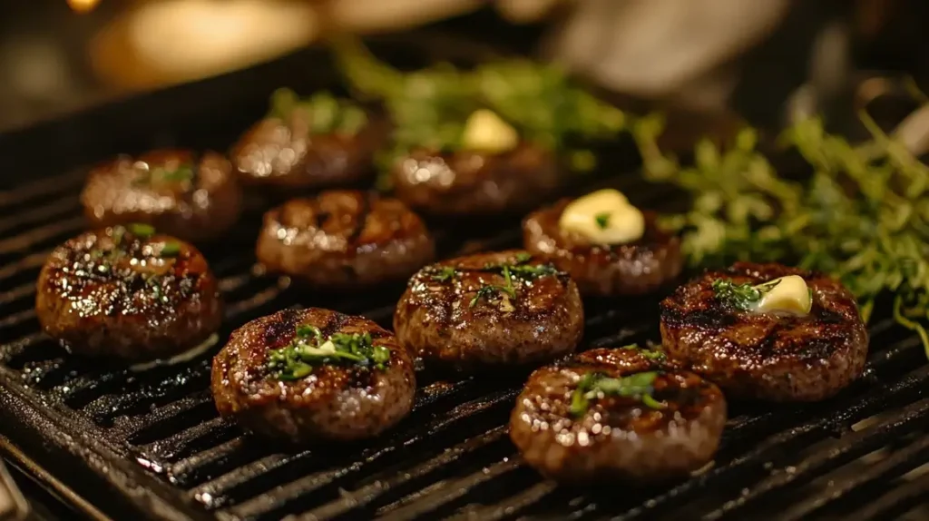 Grill pan with cooked venison sausage patties and links.