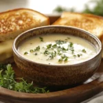 Potato soup and grilled cheese sandwich on a wooden tray