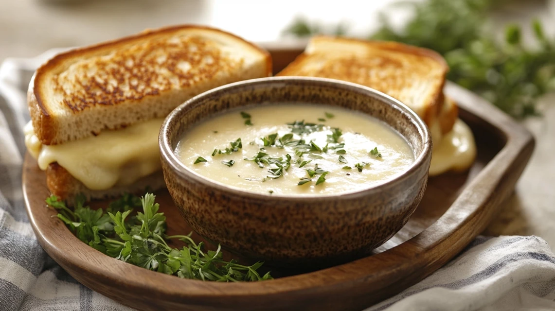 Potato soup and grilled cheese sandwich on a wooden tray