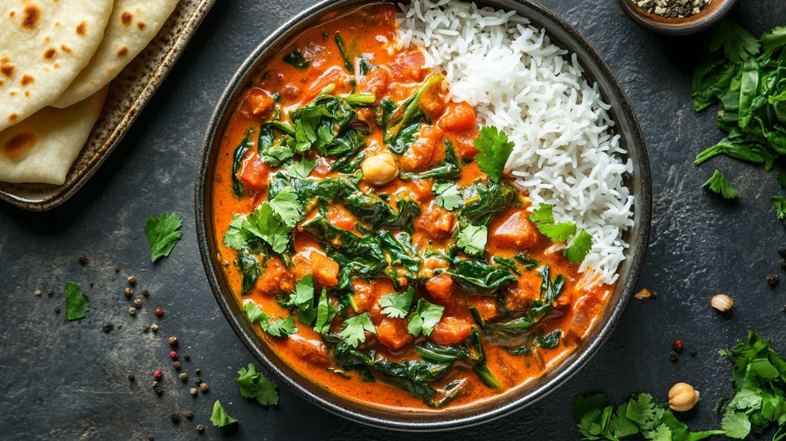 A bowl of creamy Malabar spinach curry made with coconut milk, fresh spinach leaves, and aromatic spices, served with steamed rice.