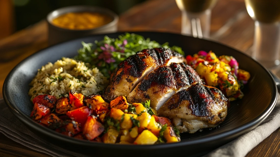 Plated rotisserie chicken with colorful sides