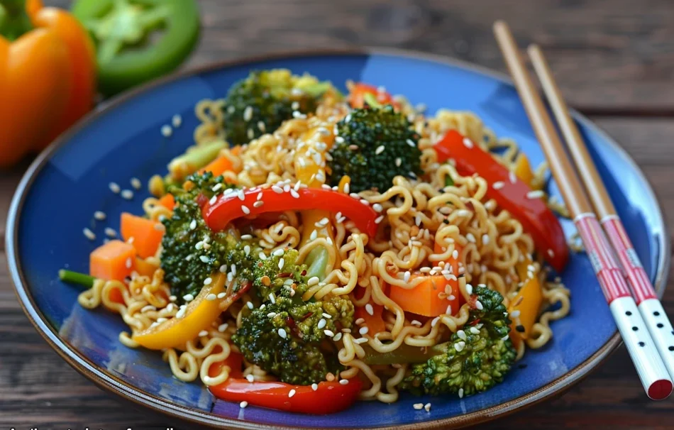 A vibrant plate of cup noodles stir fry with colorful vegetables.