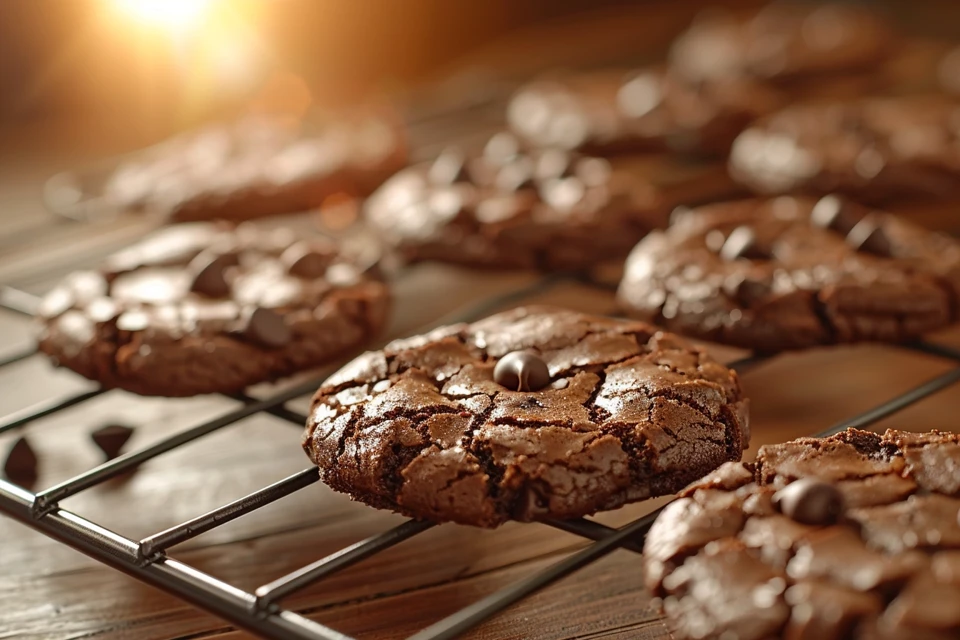 Freshly baked brownie mix cookies on a cooling rack.