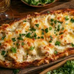 Golden chicken Alfredo garlic bread with parsley garnish