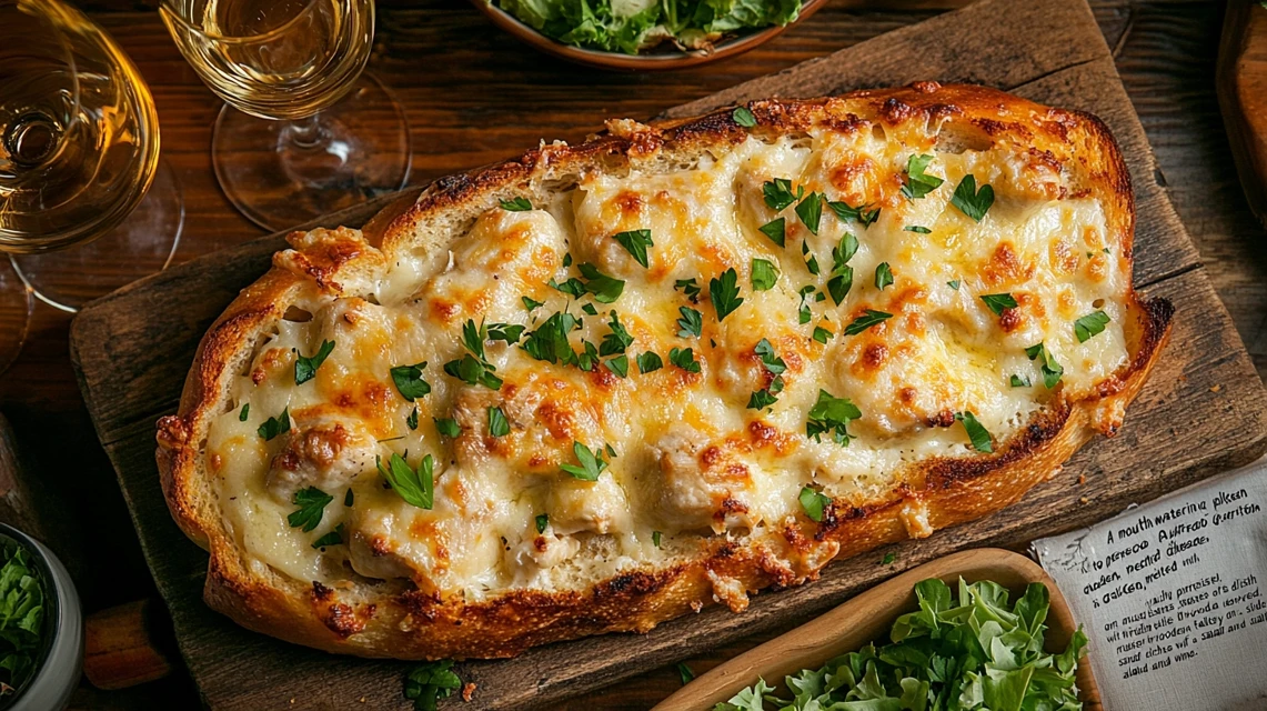 Golden chicken Alfredo garlic bread with parsley garnish