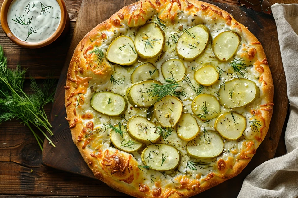 Pickle pie pizza with golden crust and melted cheese.