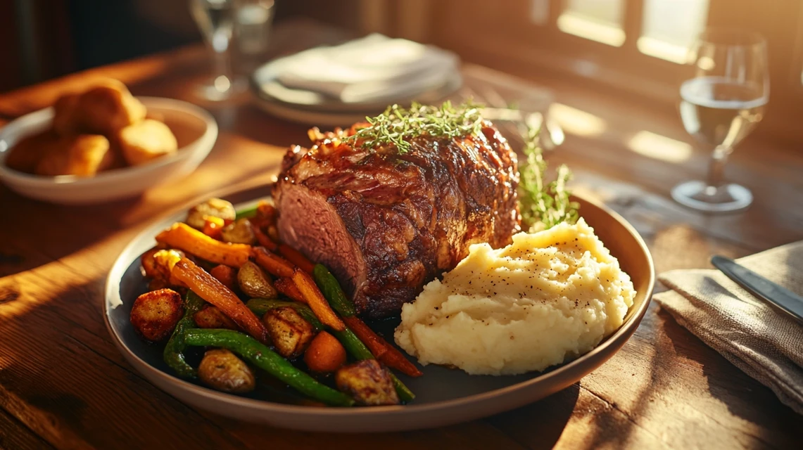 Poor Man’s Prime Rib served with roasted vegetables and mashed potatoes.