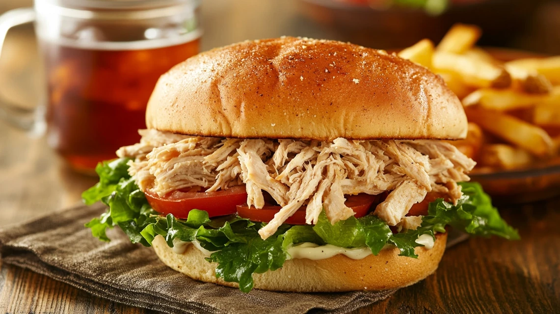 Rotisserie chicken sandwich with lettuce and tomato on a wooden table.