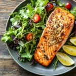 Salmon patty served with salad and lemon wedges.