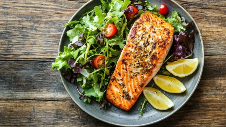 Salmon patty served with salad and lemon wedges.