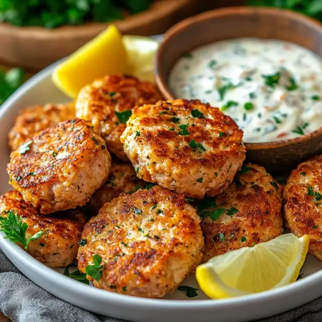 Crispy Tuna Patties on a Plate with Lemon Garnish