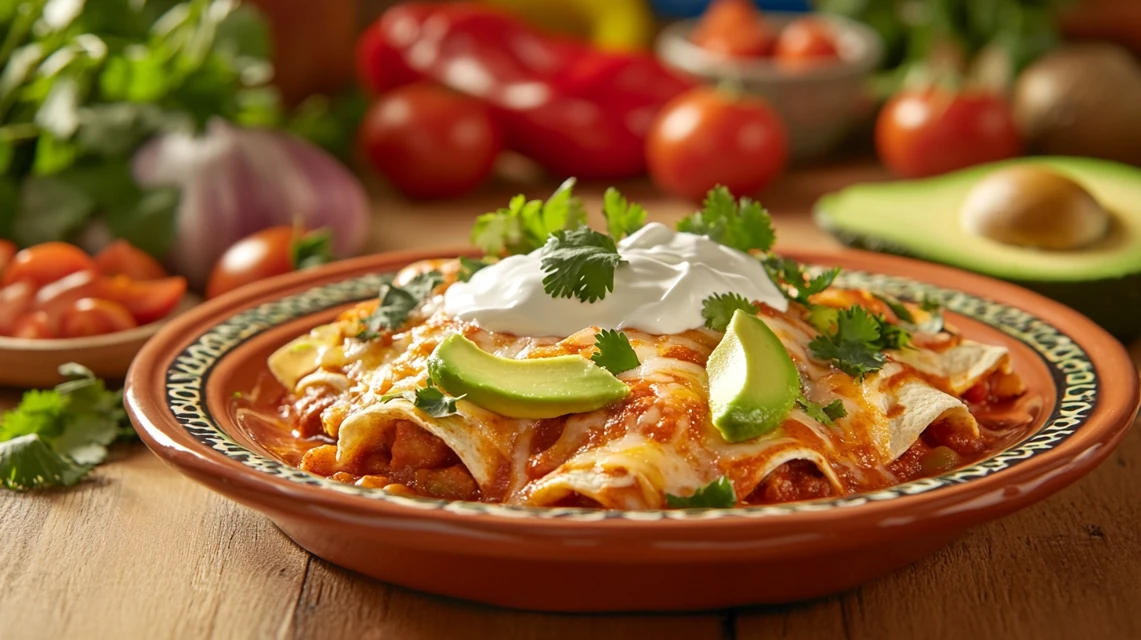 A colorful plate of Enchiladas Rancheras with toppings.