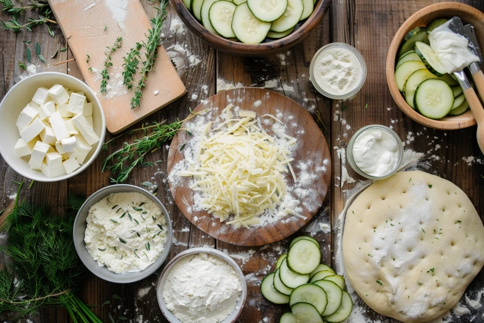 Ingredients for pickle pie pizza on a wooden counter.