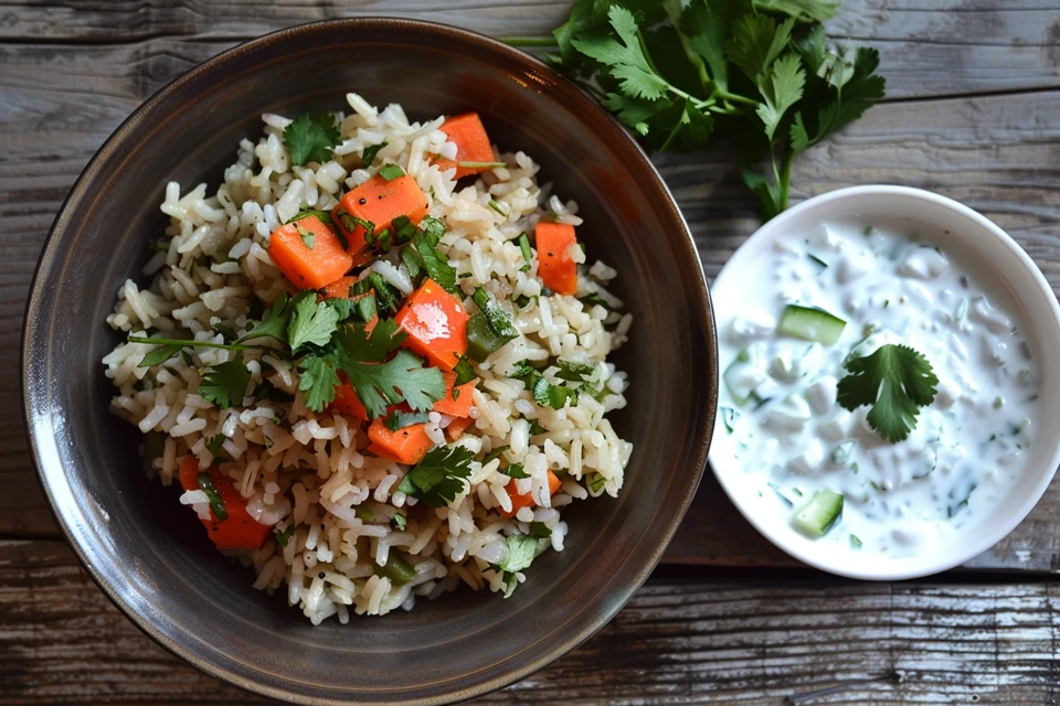 Ethnic brown rice with vegetables topped with cilantro and served with raita.