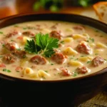 A bowl of creamy parmesan Italian sausage soup with garlic bread.