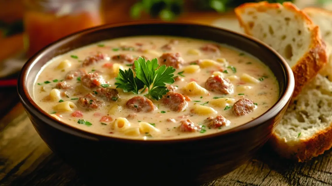 A bowl of creamy parmesan Italian sausage soup with garlic bread.