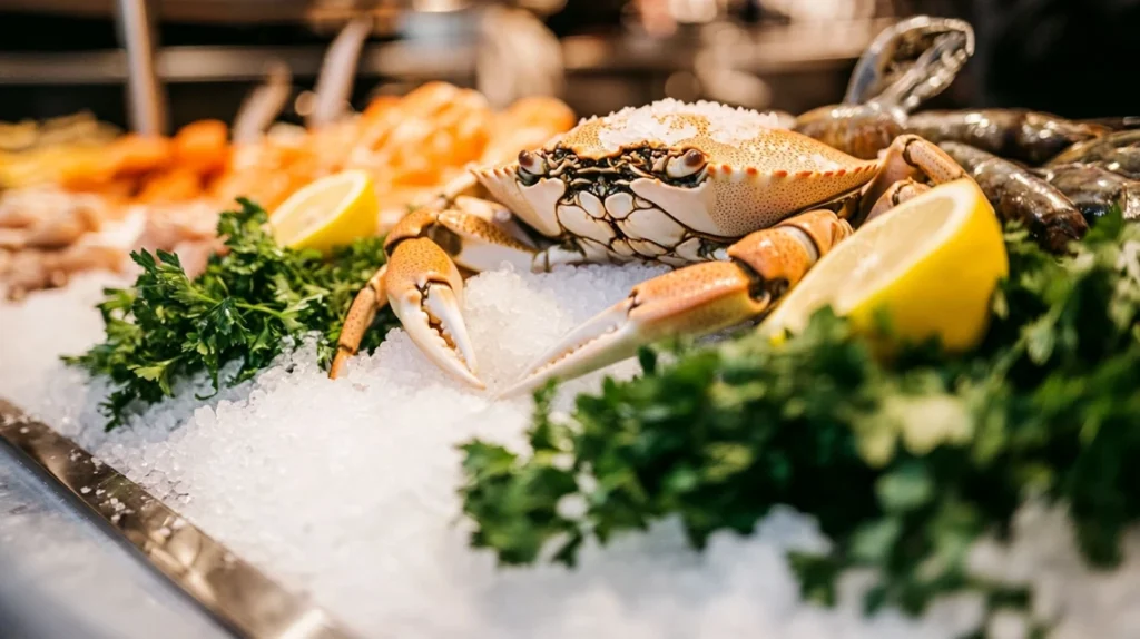 Fresh jumbo lump crab on ice with garnishes