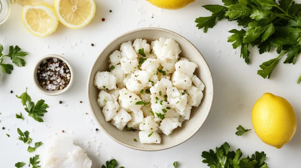Fresh jumbo lump crab in a bowl surrounded by herbs and lemon