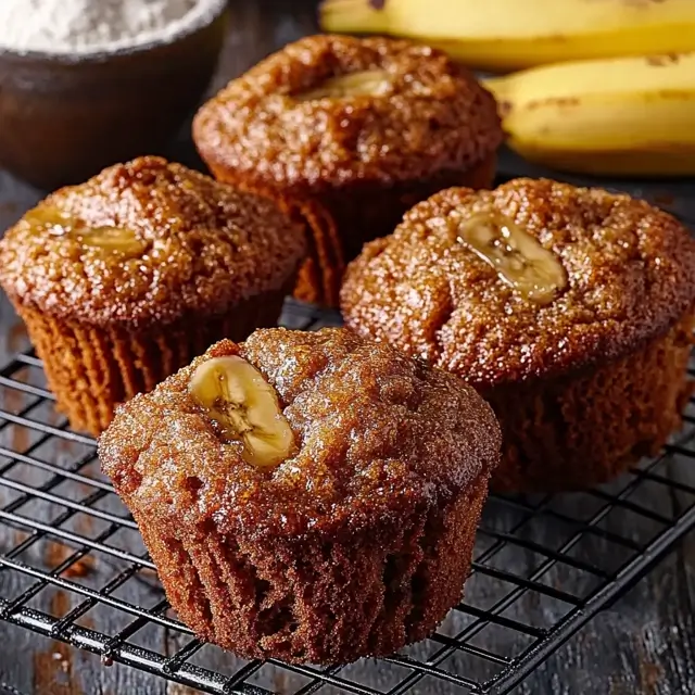 Freshly baked banana muffins on a cooling rack with ripe bananas.