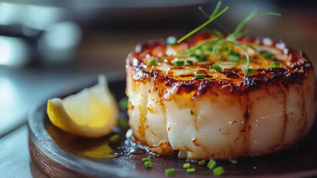 A close-up of a crab brûlée with a caramelized top and garnished with chives and lemon