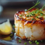 A close-up of a crab brûlée with a caramelized top and garnished with chives and lemon