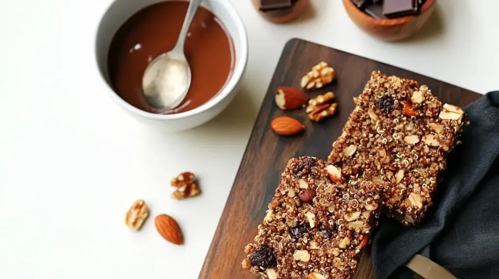 Homemade granola bars with puffed quinoa and nuts on a wooden board.