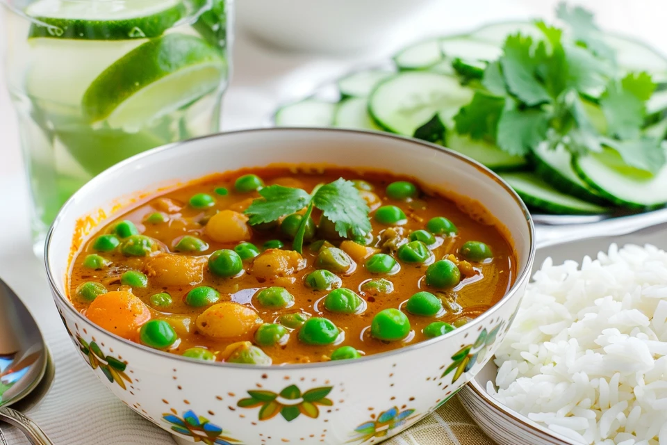 Green peas curry served with cucumber salad and lime water.