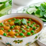 Green peas vegetable curry served with naan and rice.