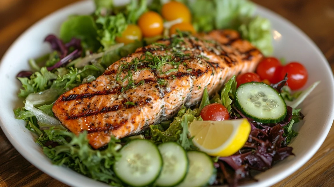 Freshly made grilled salmon salad with colorful veggies and a lemon wedge