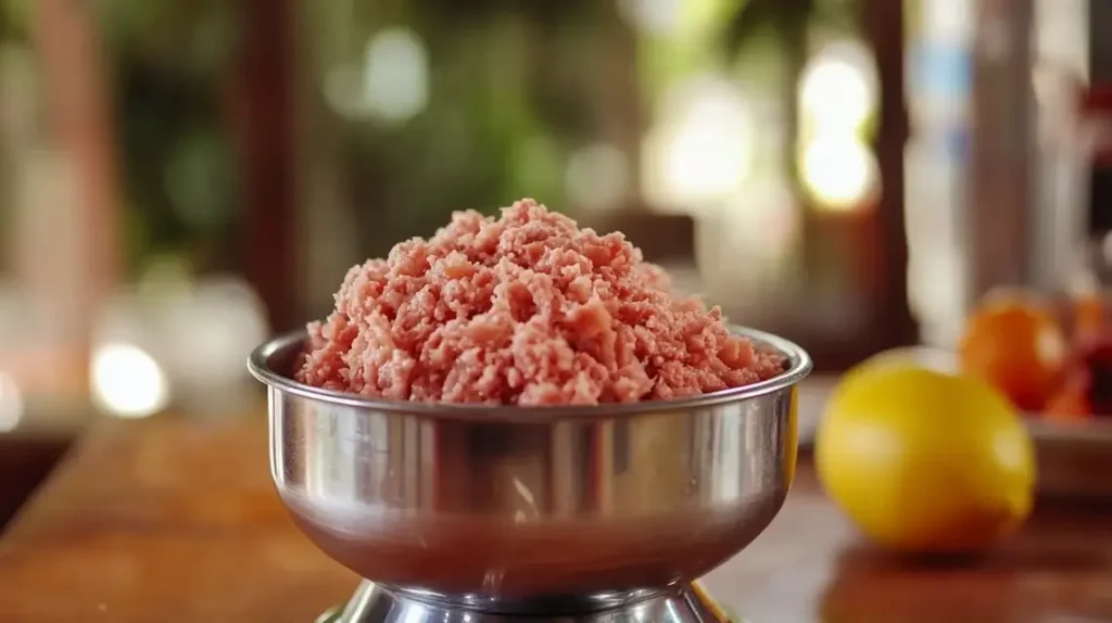 Grinding venison and pork fat using a manual grinder.