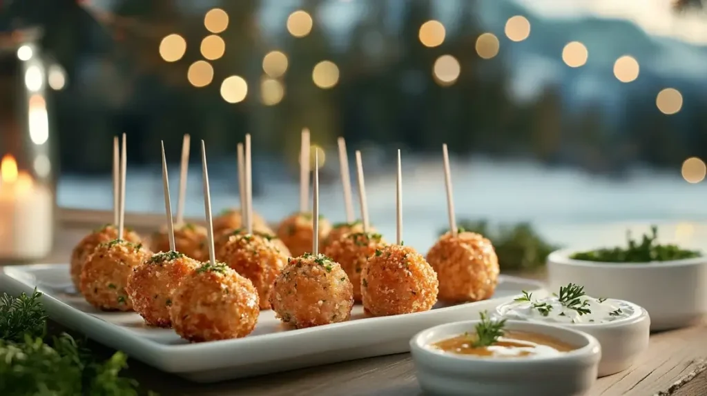 Ham balls served as appetizers with dipping glaze on a white platter.