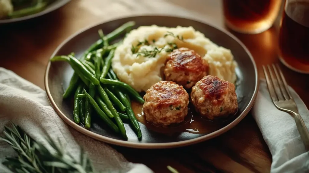 Ham balls served with mashed potatoes and green beans on a cozy table.