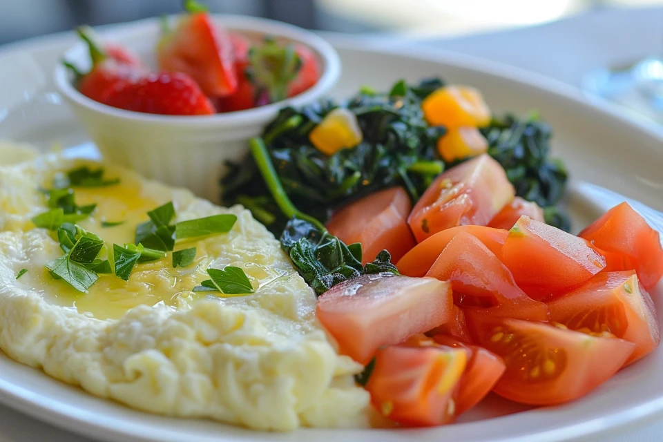 Plate of fluffy scrambled egg whites with toast and fruit.