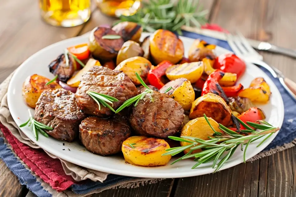 Delicious home-cooked beef meal with grilled steak and veggies.