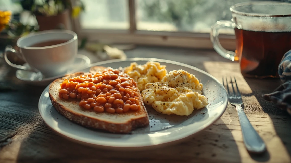 A comforting breakfast with Heinz baked beans on toast and tea.