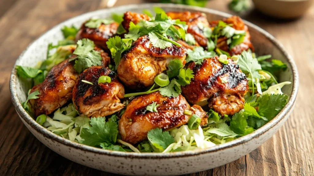 A vibrant plate of Hmong cabbage and chicken garnished with fresh cilantro.