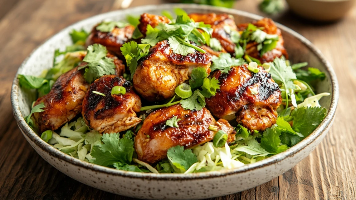 A vibrant plate of Hmong cabbage and chicken garnished with fresh cilantro.