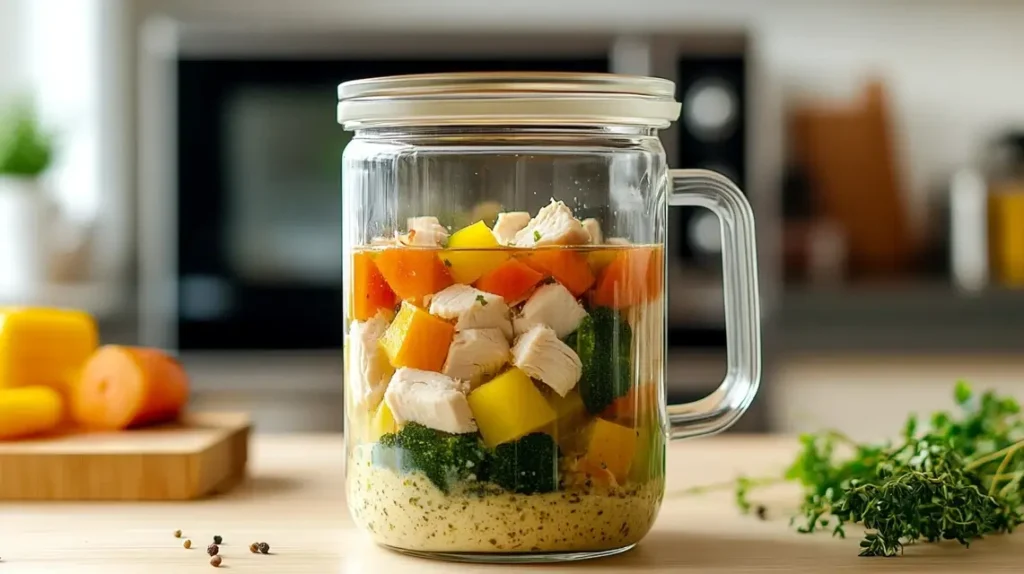 Step-by-step process for making soup in a mug.