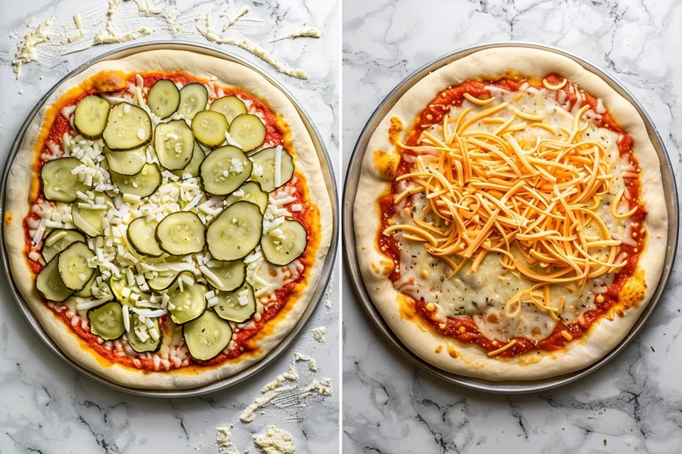 Step-by-step process for making pickle pie pizza