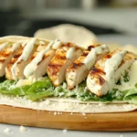 Freshly prepared chicken Caesar wrap with romaine lettuce and Parmesan cheese