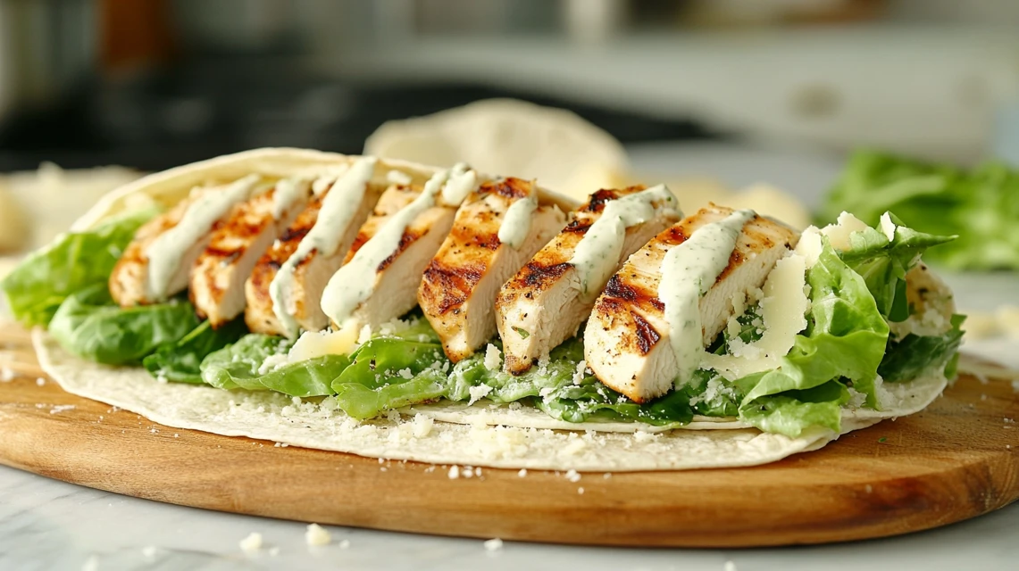 Freshly prepared chicken Caesar wrap with romaine lettuce and Parmesan cheese