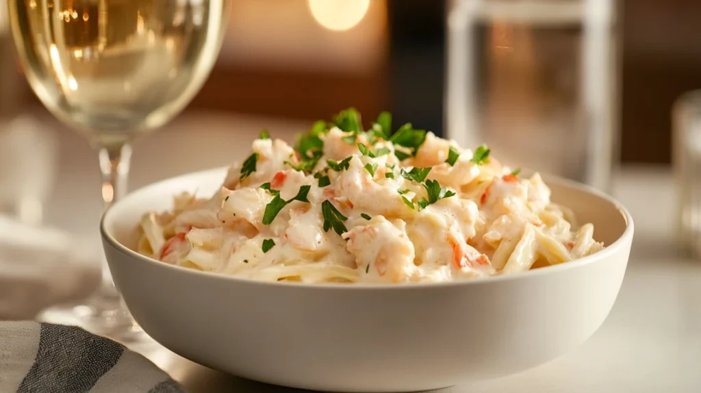 Creamy jumbo lump crab pasta garnished with parsley.