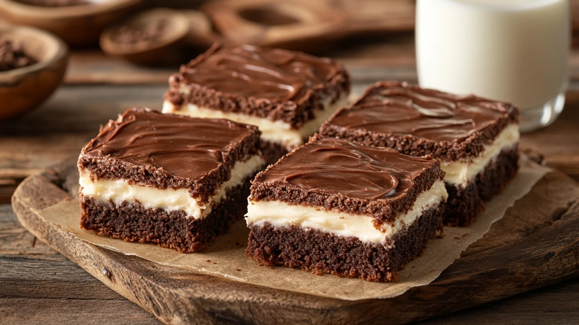 Classic frosted lunch lady brownies on a wooden table