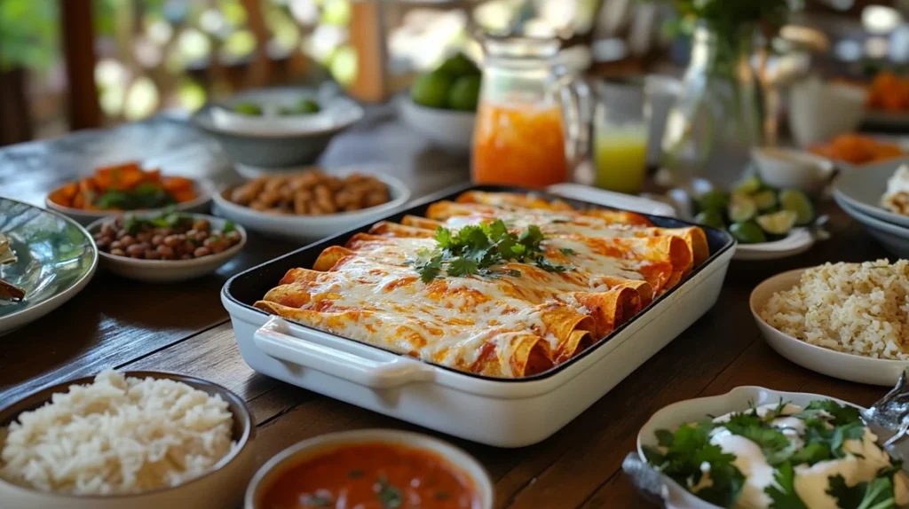 A table filled with Mexican dishes featuring Enchiladas Rancheras.