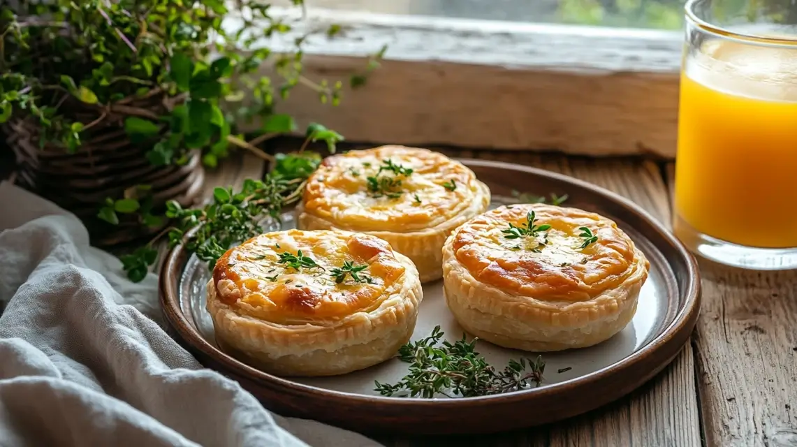 Golden mini chicken pot pies on a breakfast table.