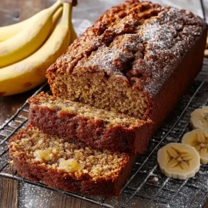 A freshly baked loaf of banana bread on a rustic table.