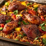 Golden chicken and orzo bake with fresh vegetables and parsley.