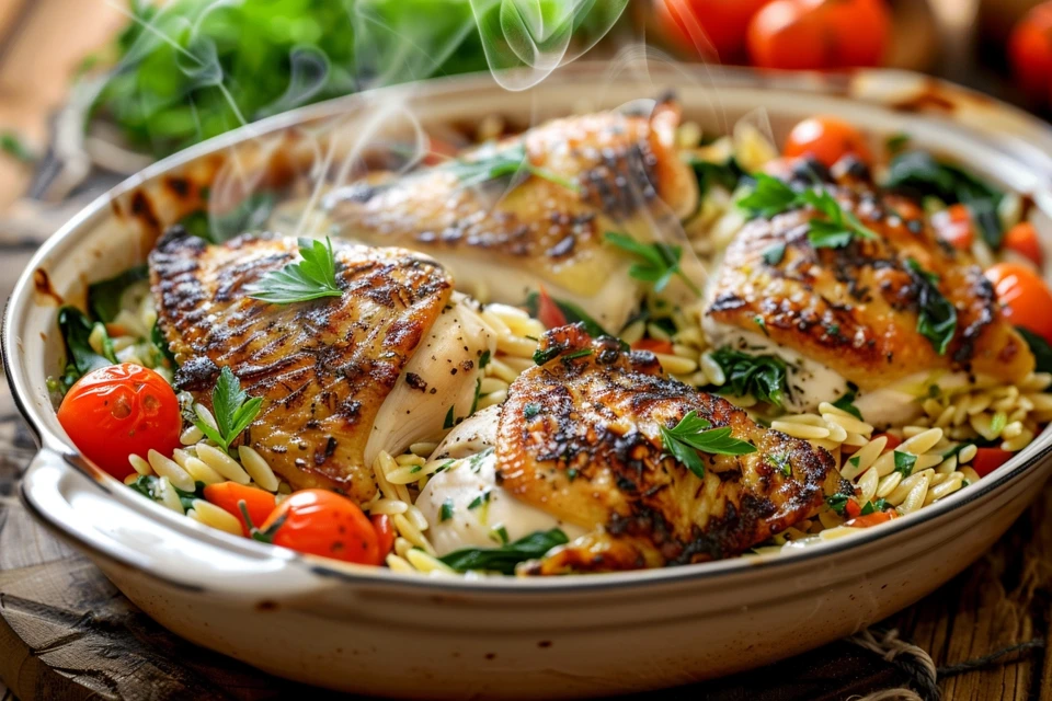 Golden chicken and orzo bake with fresh vegetables and parsley.