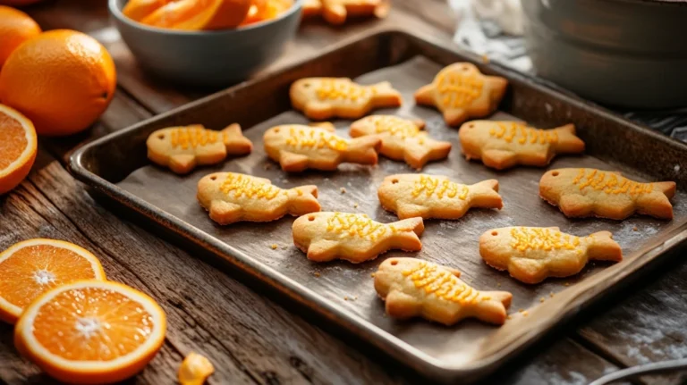 Freshly baked orange fish cookies on a wooden table.