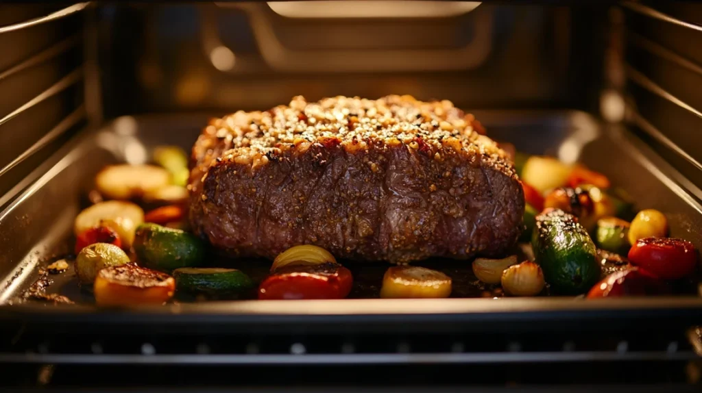 Poor Man’s Prime Rib roasting in the oven with vegetables.